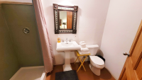 Pedestal sink, shower, toilet